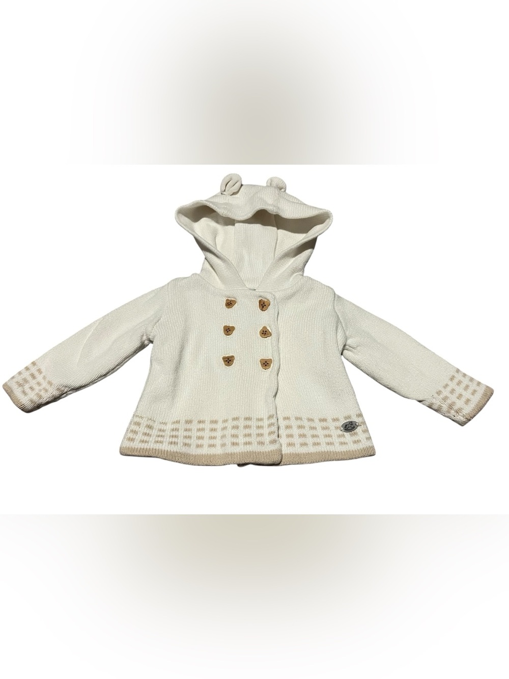 Cream Hooded Knit Baby Jacket with Bear Buttons